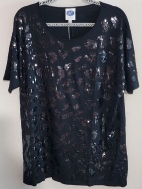 DG2 by Diane Gilman Black Sequin Short Sleeve Top